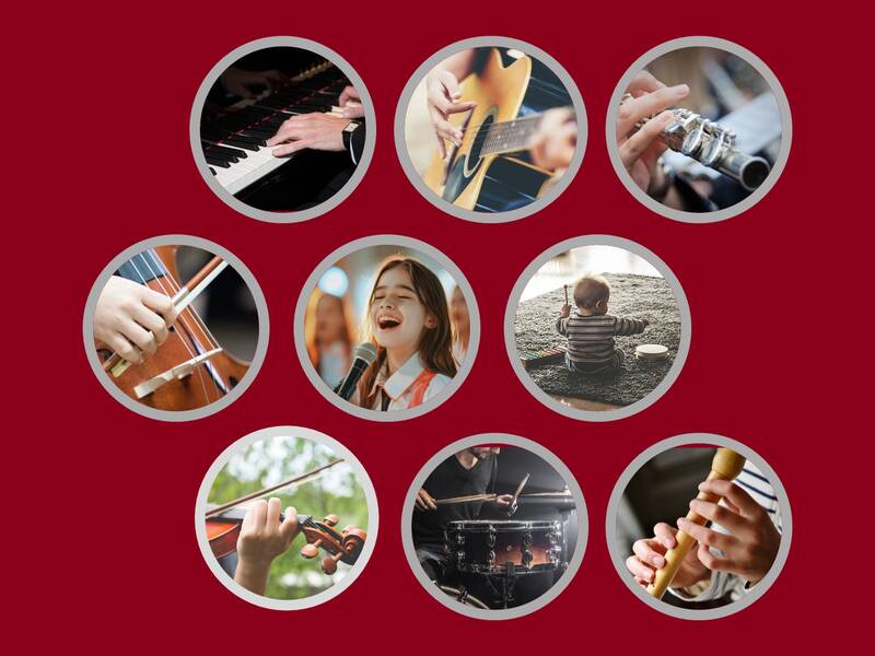 In einer Collage sind mehrere Musikinstrumente sowie ein singendes Mädchen und ein trommelndes Kleinkind zu sehen. 