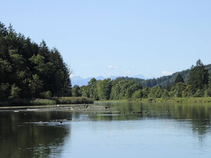 Am Horizont einer Flußlandschaft öffnet sich der Blick in die Berge.
