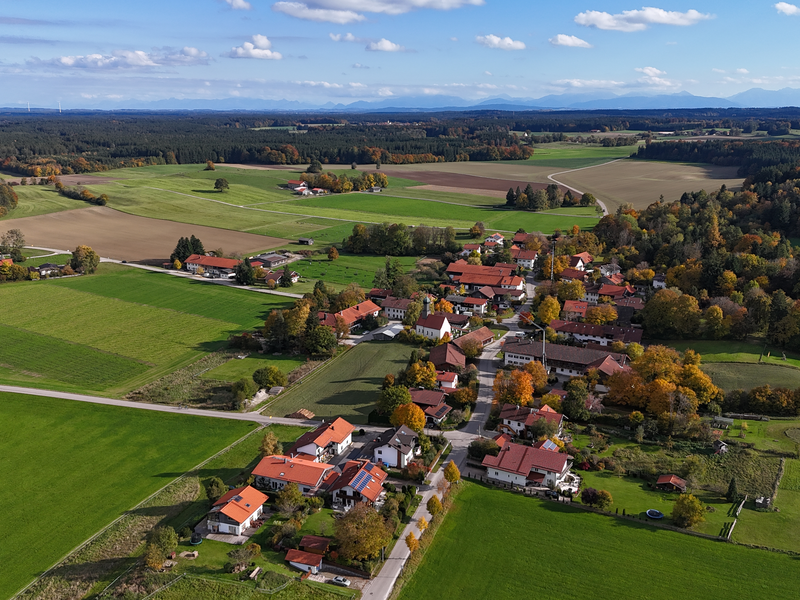 Ein kleines Dorf mit ein paar Häusern umgeben von Bäumen. Die Sonne scheint von der Seite in das Bild.
