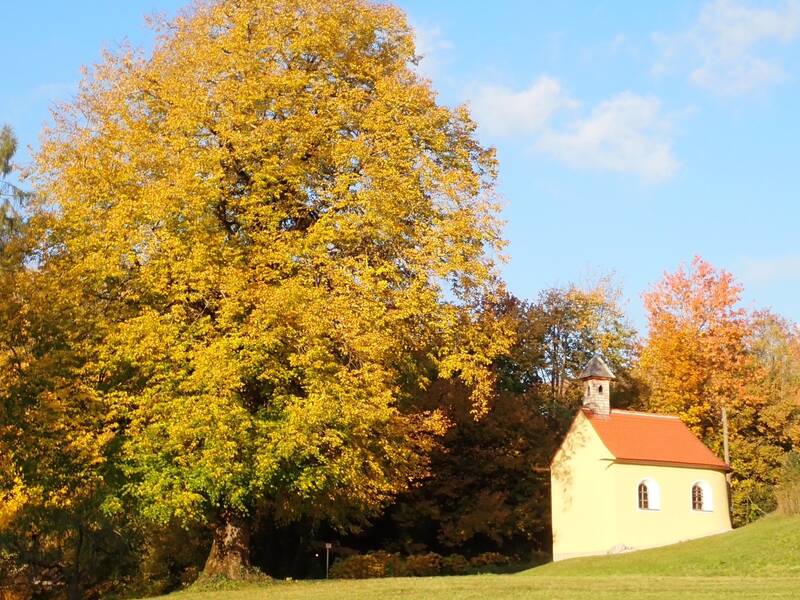 Weihung der Kapelle Beigarten. Man sieht die restaurierte Kapelle im Sonnenlicht im Herbst. 